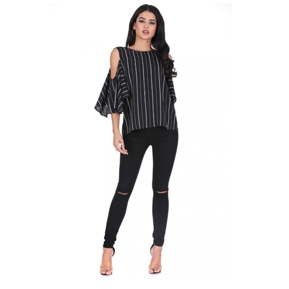 AX Paris Cold Shoulder Black Striped Top 8 Medium - Picture 1 of 7